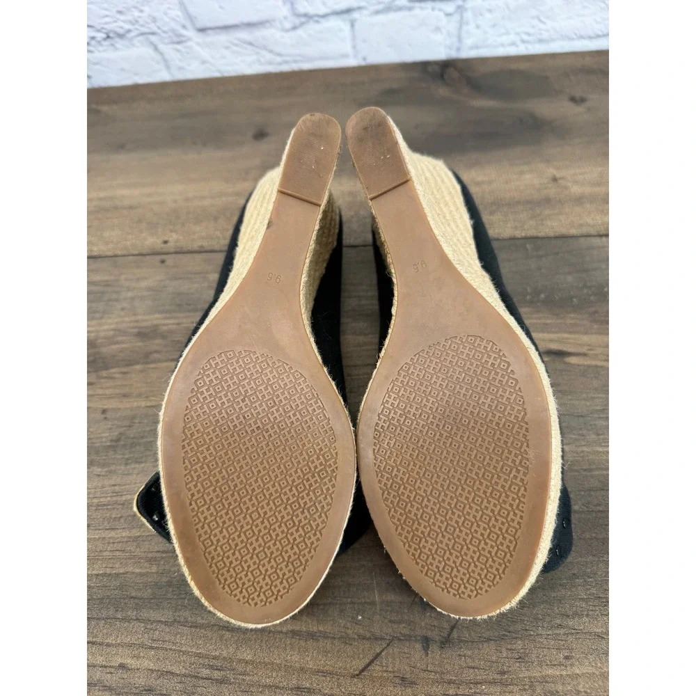 Tory Burch Black Canvas Bow Peep Toe Espadrille Wedge Sandals Womens 9.5